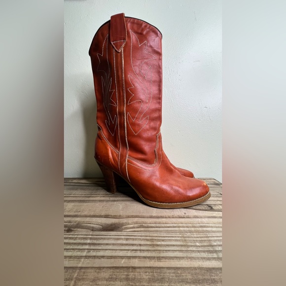 Jaguar Vintage Rust heeled boots western boho 70s 80s 8 cowboy Tangerine - Picture 8 of 9
